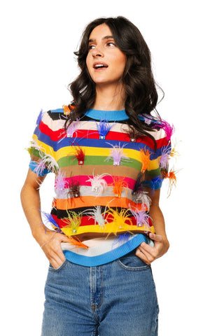 QOS Multi Stripe Feather Short Sleeve Sweater - Boutique Bella BellaQueen of Sparkles