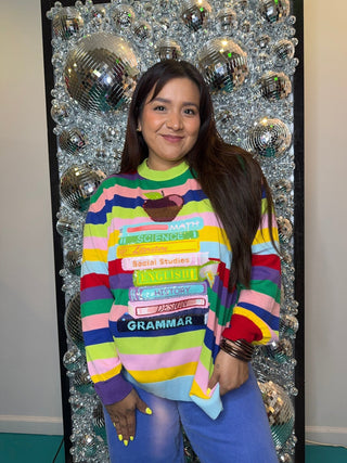QOS Multi Stripe School Books & Apple Sweater - Boutique Bella BellaQueen of Sparkles