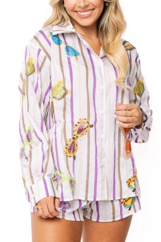 QOS Multi Stripe Sunglasses Cotton Button Up Top - Boutique Bella BellaQueen of Sparkles