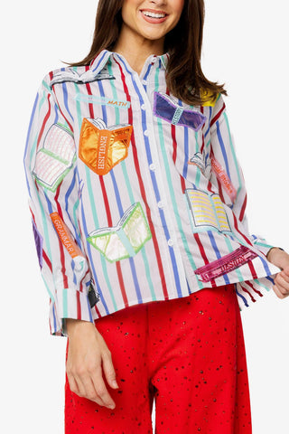 QOS Multi Striped School Book Button Up Collared Top - Boutique Bella BellaQueen of Sparkles