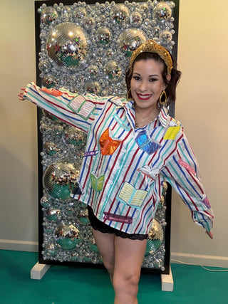 QOS Multi Striped School Book Button Up Collared Top - Boutique Bella BellaQueen of Sparkles