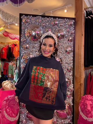 QOS Navy Christmas Plaid Metallic QOS Card Logo Mockneck Sweatshirt - Boutique Bella BellaQueen of Sparkles