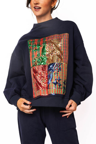 QOS Navy Christmas Plaid Metallic QOS Card Logo Mockneck Sweatshirt - Boutique Bella BellaQueen of Sparkles