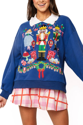 QOS Navy Collared Nutcracker Icon Sweatshirt - Boutique Bella BellaQueen of Sparkles