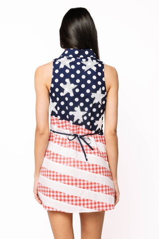 QOS Navy, Red & White Polka Dot and Stripe USA Button Up Tank Dress - Boutique Bella Bella