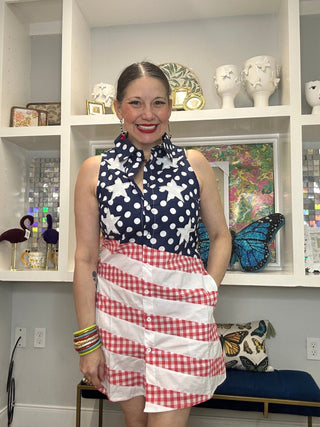 QOS Navy, Red & White Polka Dot and Stripe USA Button Up Tank Dress - Boutique Bella BellaQueen of Sparkles