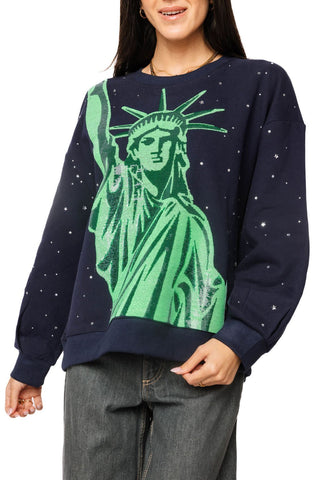 QOS Navy Rhinestone Statue of Liberty Sweatshirt - Boutique Bella BellaQueen of Sparkles