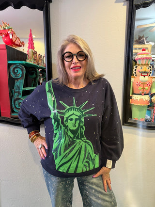 QOS Navy Rhinestone Statue of Liberty Sweatshirt - Boutique Bella BellaQueen of Sparkles