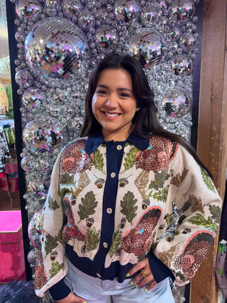 QOS Navy Trim Button Up Turkey, Leaf & Acorn Button Up Cardigan - Boutique Bella BellaQueen of Sparkles