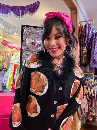 QOS Navy Turkey on Plates Feather Neck Button Up Cardigan - Boutique Bella BellaQueen of Sparkles
