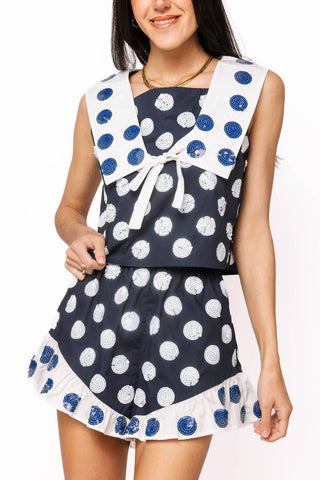 QOS Navy & White Polka Dot Ruffle Short - Boutique Bella Bella