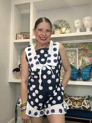 QOS Navy & White Polka Dot Ruffle Short - Boutique Bella BellaQueen of Sparkles