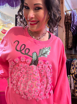 QOS Neon Pink Flower Sequin Pumpkin Sweatshirt - Boutique Bella BellaQueen of Sparkles