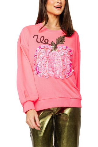QOS Neon Pink Flower Sequin Pumpkin Sweatshirt - Boutique Bella BellaQueen of Sparkles