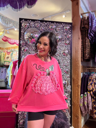 QOS Neon Pink Flower Sequin Pumpkin Sweatshirt - Boutique Bella BellaQueen of Sparkles