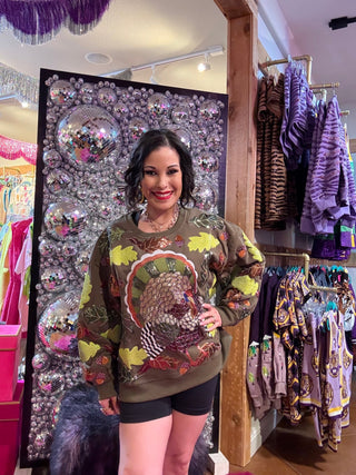 QOS Olive Green Multi Turkey & Leaves Sweatshirt - Boutique Bella BellaQueen of Sparkles