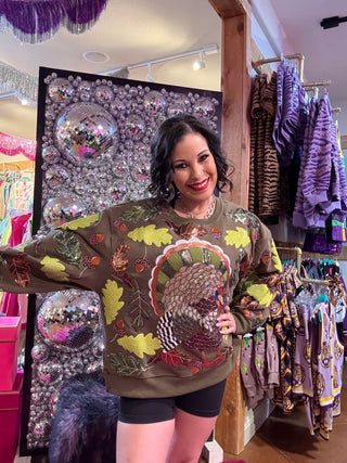 QOS Olive Green Multi Turkey & Leaves Sweatshirt - Boutique Bella BellaQueen of Sparkles