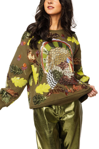 QOS Olive Green Multi Turkey & Leaves Sweatshirt - Boutique Bella BellaQueen of Sparkles
