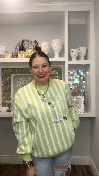 QOS Olive Green & White Stripe Martini Sweater - Boutique Bella BellaQueen of Sparkles