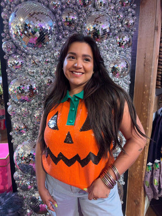 QOS Orange Full Sequin Pumpkin Face Collar Button Up Vest - Boutique Bella BellaQueen of Sparkles