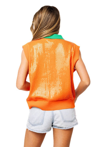 QOS Orange Full Sequin Pumpkin Face Collar Button Up Vest - Boutique Bella BellaQueen of Sparkles