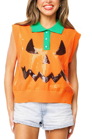 QOS Orange Full Sequin Pumpkin Face Collar Button Up Vest - Boutique Bella BellaQueen of Sparkles