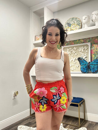 QOS Orange & Pink Embroidered Trim Multi Flower Cotton Short - Boutique Bella BellaQueen of Sparkles