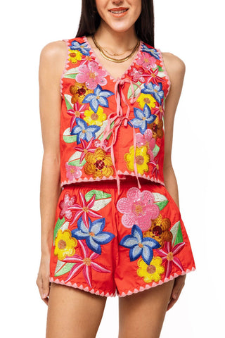 QOS Orange & Pink Embroidered Trim Multi Flower Cotton Short - Boutique Bella BellaQueen of Sparkles