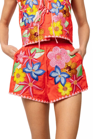 QOS Orange & Pink Embroidered Trim Multi Flower Cotton Short - Boutique Bella BellaQueen of Sparkles