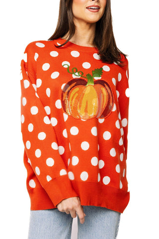 QOS Orange Polkadot Pumpkin Sweater - Boutique Bella BellaQueen of Sparkles