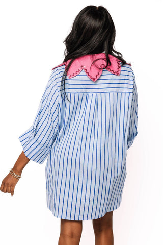 QOS Pale Blue Striped Flower Collar Button Up Cotton Tunic - Boutique Bella BellaQueen of Sparkles