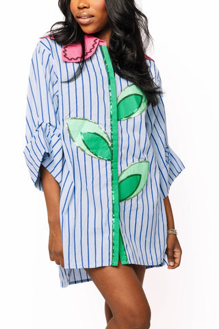 QOS Pale Blue Striped Flower Collar Button Up Cotton Tunic - Boutique Bella BellaQueen of Sparkles