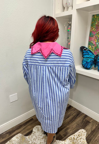 QOS Pale Blue Striped Flower Collar Button Up Cotton Tunic - Boutique Bella BellaQueen of Sparkles