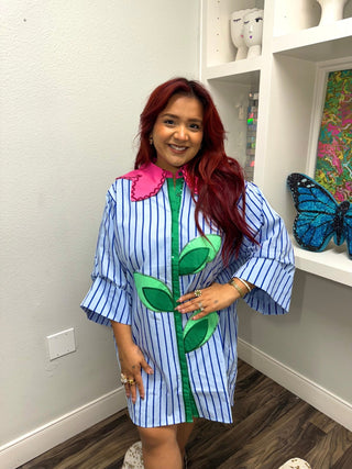 QOS Pale Blue Striped Flower Collar Button Up Cotton Tunic - Boutique Bella BellaQueen of Sparkles