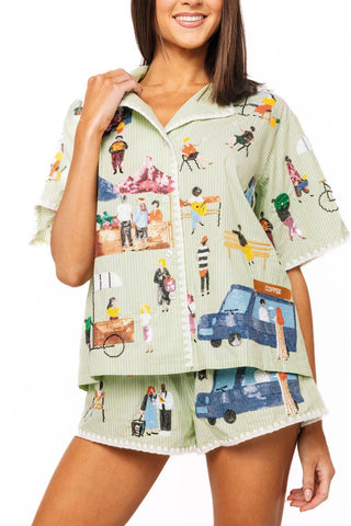 QOS Pale Green Embroidered Trim Farmers Market Button Up Top - Boutique Bella BellaQueen of Sparkles