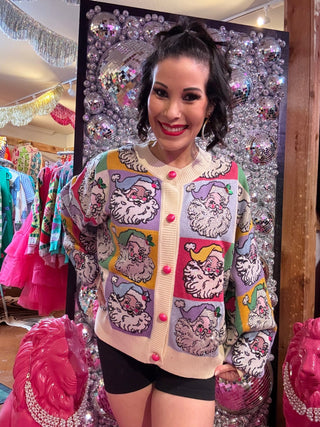 QOS Pastel Colorblock Santa Button Up Cardigan - Boutique Bella BellaQueen of Sparkles
