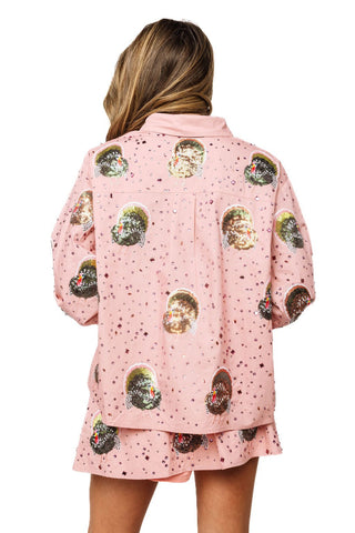 QOS Peach Rhinestone Scattered Turkey Button Up Top - Boutique Bella BellaQueen of Sparkles
