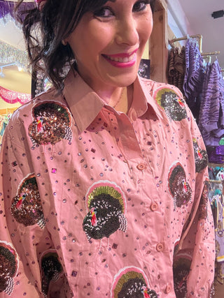 QOS Peach Rhinestone Scattered Turkey Button Up Top - Boutique Bella BellaQueen of Sparkles