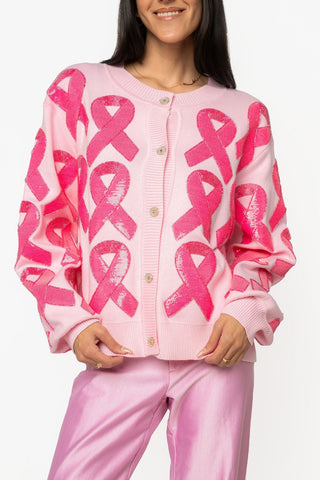 QOS Pink Breast Cancer Ribbon Button Up Cardigan - Boutique Bella BellaQueen of Sparkles