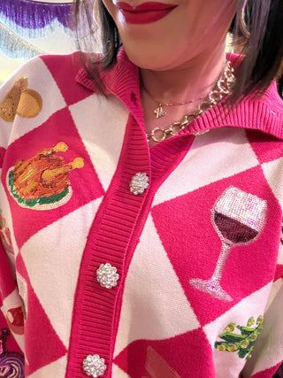 QOS Pink Diamond Print Thanksgiving Dinner Button Up Sweater - Boutique Bella BellaQueen of Sparkles