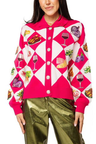 QOS Pink Diamond Print Thanksgiving Dinner Button Up Sweater - Boutique Bella BellaQueen of Sparkles