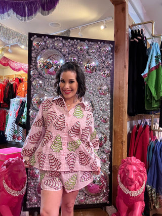 QOS Pink Gingham Christmas Tree Cookies Cotton Short - Boutique Bella BellaQueen of Sparkles
