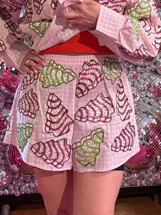 QOS Pink Gingham Christmas Tree Cookies Cotton Short - Boutique Bella BellaQueen of Sparkles