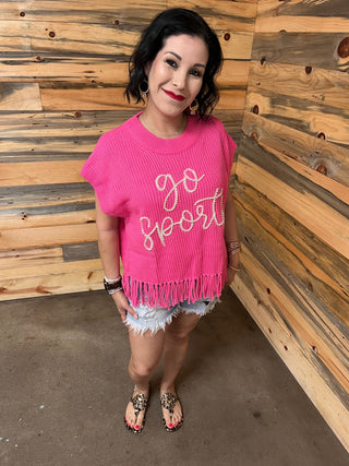 QOS - Pink 'Go Sports' Fringe Sweater Vest - Boutique Bella BellaQueen of Sparkles