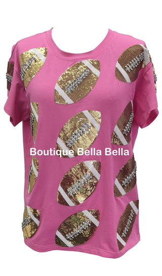 QOS - Pink & Gold Rhinestone Lace Football Tee - Boutique Bella BellaQueen of Sparkles