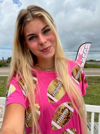 QOS - Pink & Gold Rhinestone Lace Football Tee - Boutique Bella BellaQueen of Sparkles