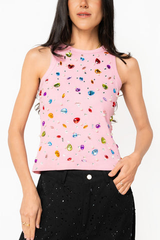 QOS Pink Jewel & Pearl Tank - Boutique Bella BellaTops