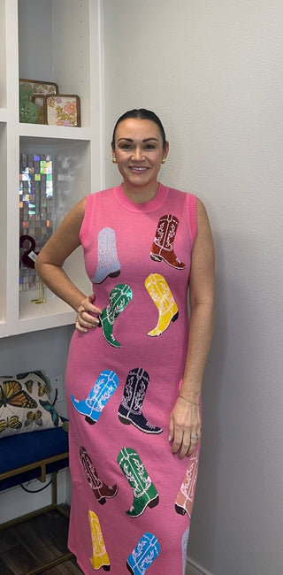 QOS Pink Knit Multi Cowboy Boot Tank Midi Dress - Boutique Bella BellaQueen of Sparkles