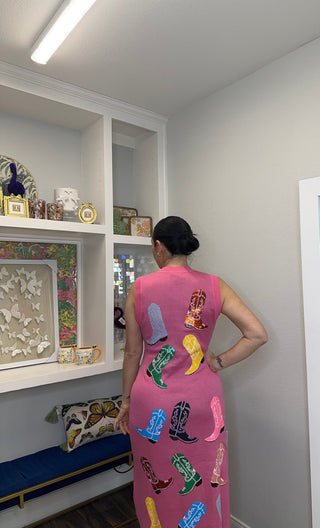 QOS Pink Knit Multi Cowboy Boot Tank Midi Dress - Boutique Bella BellaQueen of Sparkles