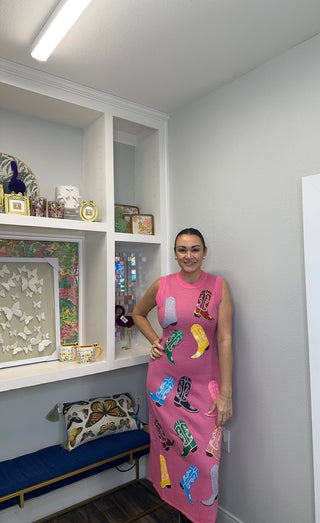 QOS Pink Knit Multi Cowboy Boot Tank Midi Dress - Boutique Bella BellaQueen of Sparkles